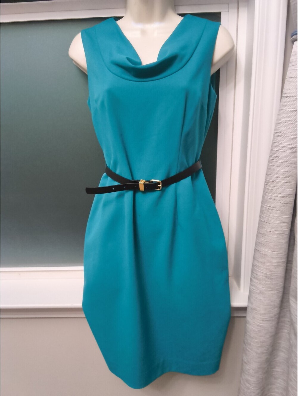 Calvin Klein Y2K Teal Sleeveless Sheath Classic Dress w Leather Gold Belt Small